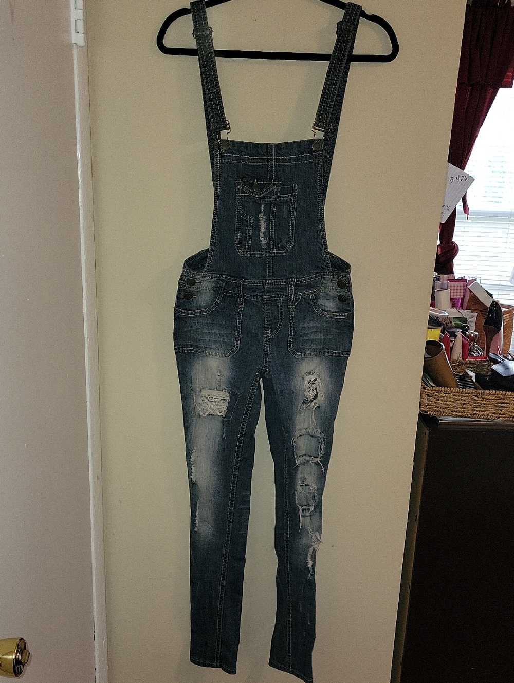 Ripped Skinny Denim Overalls in Dark Blue